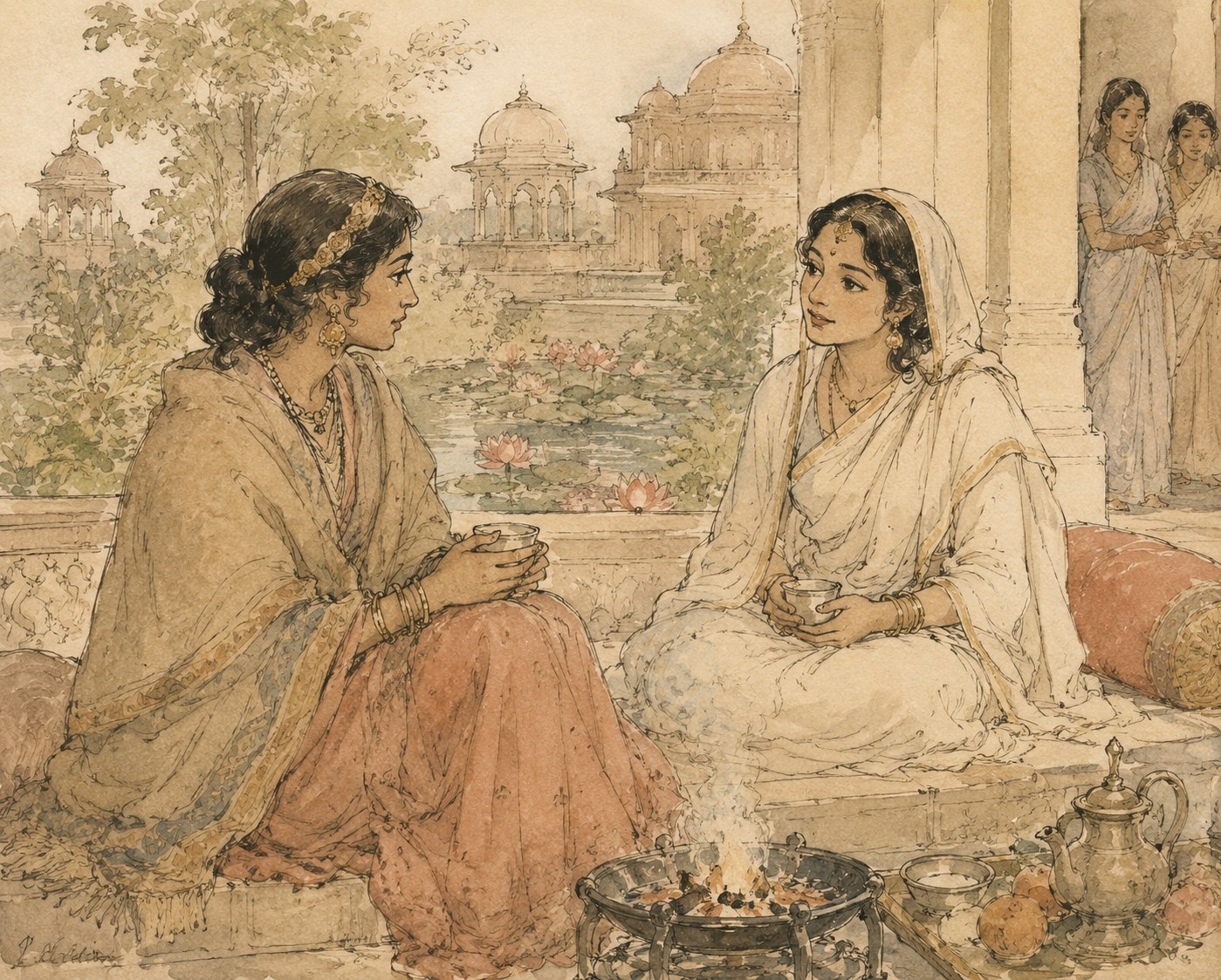 Illustration of Sarama and Sita conversing.